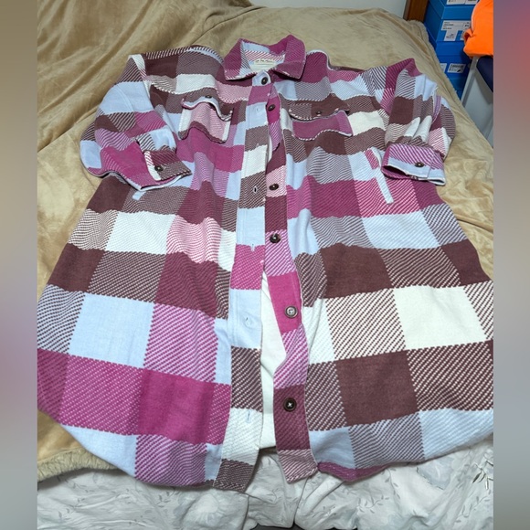 We The Free Plaid Long Ruby Pink and White Plaid Jacket Women’s Large/XL - Picture 2 of 8